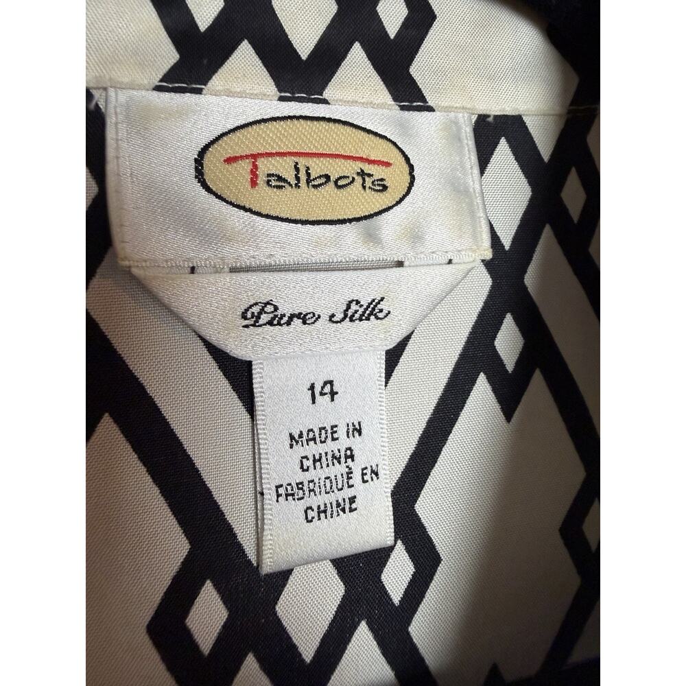 Talbots Silk Black White Geometric Diamond Long Sleeve Button Up Blouse Size 14 - Picture 2 of 11